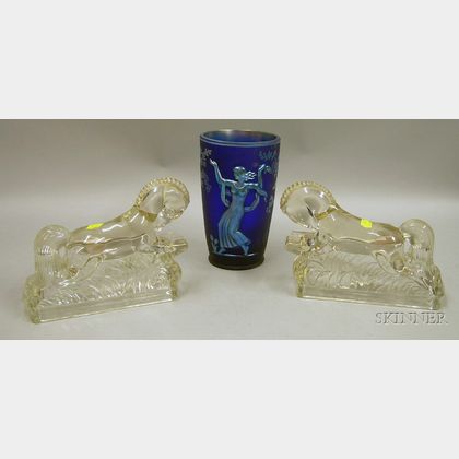 Pair of Art Deco Colorless Molded Glass Running Horse Ornaments and a Fenton Iridescent Blue Glass Vase. 