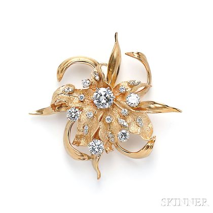 Sold at auction 14kt Gold and Diamond Flower Brooch Auction Number ...