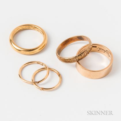 Three Gold Bands and a Pair of 14kt Gold Hoop Earrings