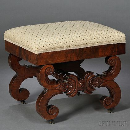 Classical Mahogany Carved and Mahogany Veneer Upholstered Ottoman