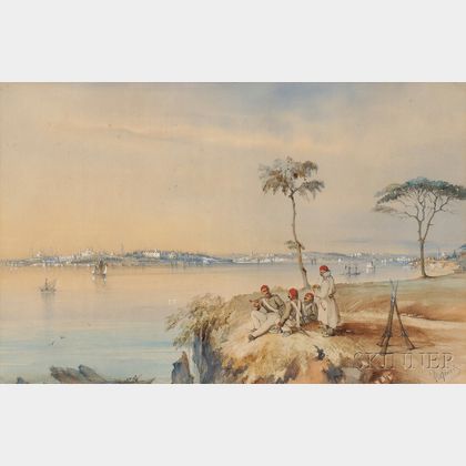 Amadeo Count Preziosi (Maltese, 1816-1882) View towards Constantinople with Soldiers Resting