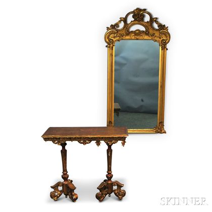Rococo-style Gilt-gesso Pier Mirror and a Neoclassical-style Gilt-gesso Console