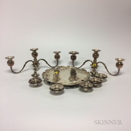 Whiting Manufacturing Co. Sterling Silver Footed Tray and Two Three-light Candelabra Converters