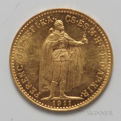 1911 Hungarian 10 Korona Gold Coin. Estimate $100-200