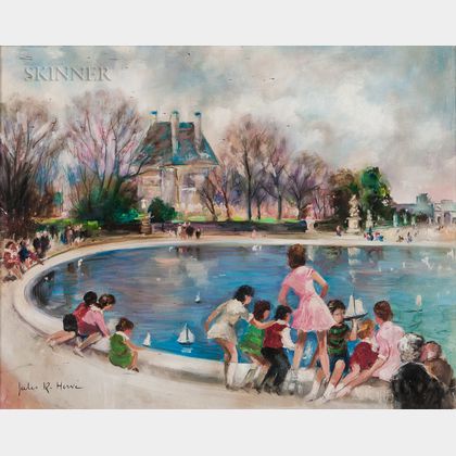 Jules René Hervé (French, 1887-1981) Sailing Toy Boats in the Tuileries Garden