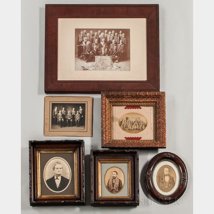 Six Mostly Framed Photographs of Odd Fellows Members Wearing Membership Collars or Pins