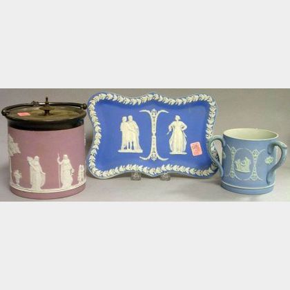 Wedgwood Light Blue Jasper Dip Three-Handled Cup, a Tray, and a Silver Plate Mounted Lilac Jasper Dip Biscuit Barrel. 