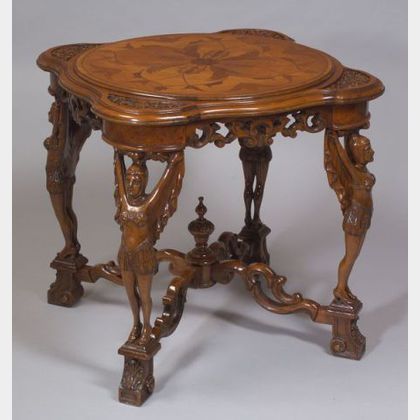 Egyptian Revival Style Inlaid and Carved Mahogany Occasional Table. 