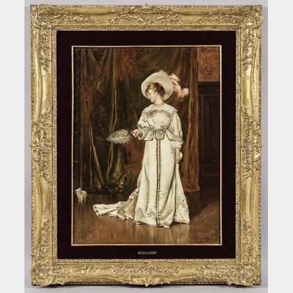 Attributed to Francesco Vinea (Italian, 1845-1902) Elegant Woman in a White Gown and Plumed Hat