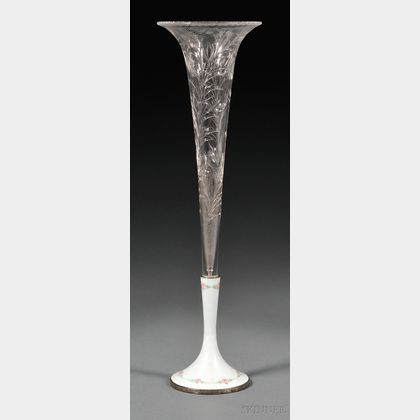 Sterling, Enamel and Cut Colorless Glass Trumpet Vase