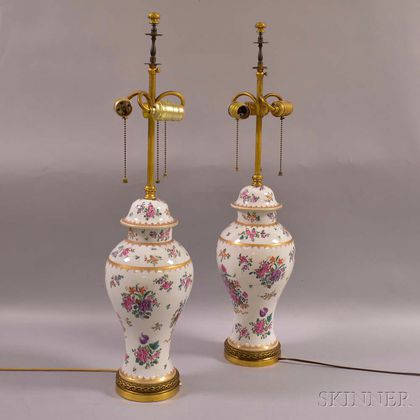Pair of Samson Floral-decorated Baluster-form Covered Vases