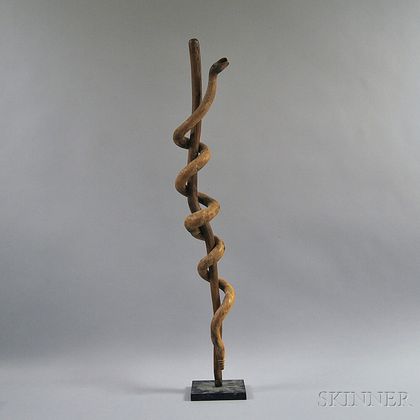 Carved and Mounted Walking Stick with Coiled Snake