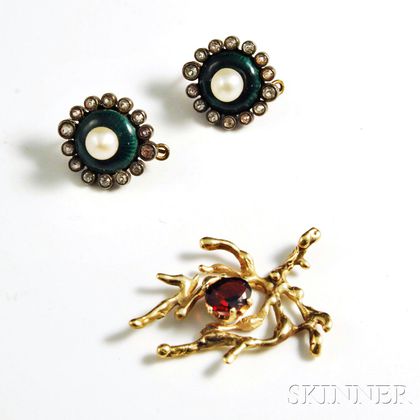 14kt Gold and Garnet Coral-form Pendant and a Pair of Sterling Silver and Pearl Earrings