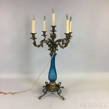 Bronze and Blue Glass Five-light Candelabra