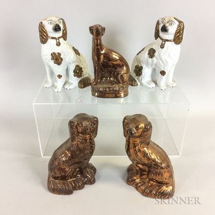 Two Pairs of Copper Lustre Ceramic Spaniels and a Whippet