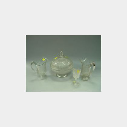 Four Colorless Pressed Bellflower Pattern Glass Table Items