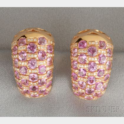 18kt Gold, Pink Sapphire, and Diamond Earclips