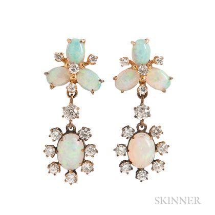 14kt Gold, Opal, and Diamond Earclips