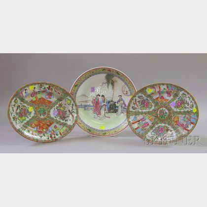 Two Chinese Export Porcelain Oval Rose Medallion Platters and a Chinese Export Circular Enamel Figural Decorate... 