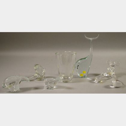 Seven Scandinavian and European Colorless Art Glass Figures and a Vase