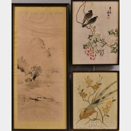 Two Chinese Embroidered Panels and a Japanese Landscape Painting