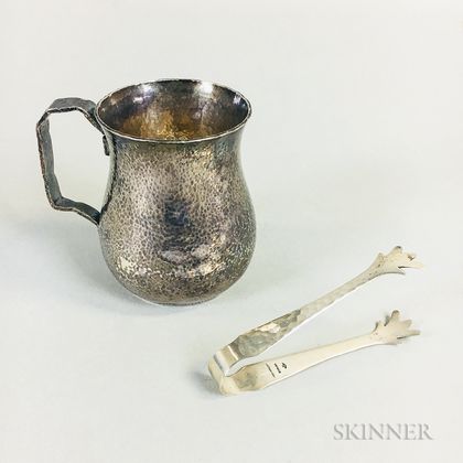 Dominick and Haff Hammered Sterling Silver Mug and a Pair of Gaylord Sugar Tongs
