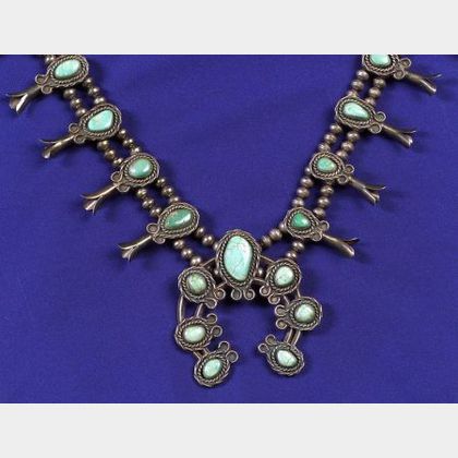 Silver and Turquoise Squash Blossom Necklace