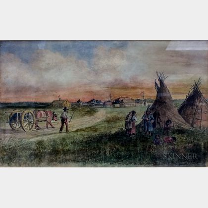American School, 19th Century Oxen and Native American Settlement, Red River Area