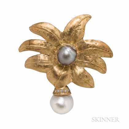 18kt Gold, Baroque Pearl, and Diamond Brooch