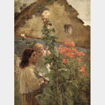 Constance Gertrude Copeman (British, 1864-1953) Young Woman Holding a Child Beside Hollyhocks