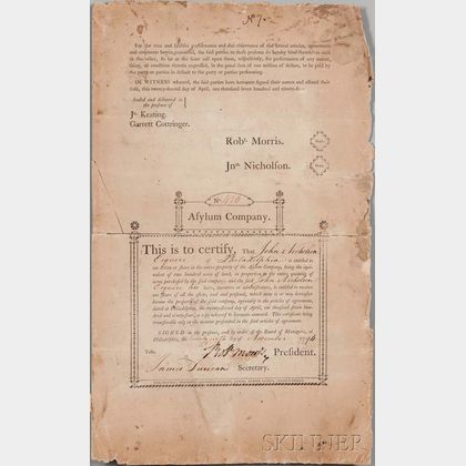 Morris, Robert (1734-1806) Signed Stock Certificate, 28 November 1794.