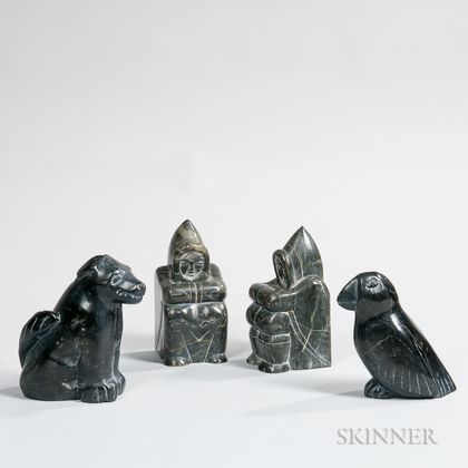 Two Grenfell Carved Soapstone Figures and a Pair of Carved Soapstone Eskimo Bookends