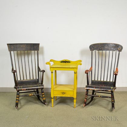 Two Painted and Stenciled Armed Rocking Chairs and a Yellow-painted Chamberstand. Estimate $40-60