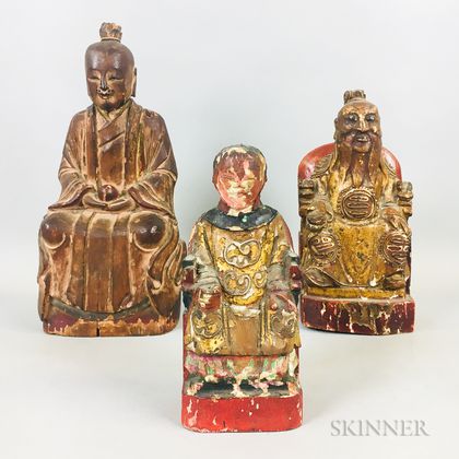 Three Painted Wood Carvings of Figures