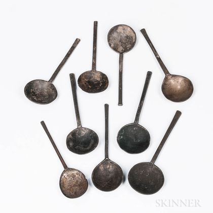 Eight Pewter and One Latten Early Round-bowl Spoons