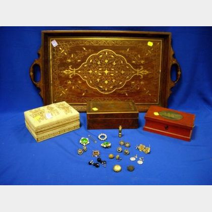 Three Boxes, a Wooden Tray, and Small Group of Costume Jewelry. 