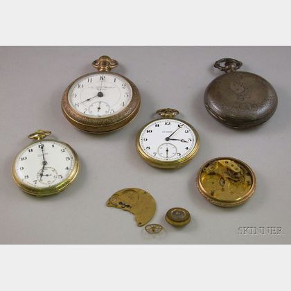 Three Gold-filled Open Face Pocket Watches, a L. & W.H. Laval Hunter Cased Key-Wind Pocket Watch and a Small Group of Watch Parts