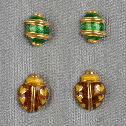 Two Pairs of 18kt Gold and Enamel Earstuds, Tiffany & Co.