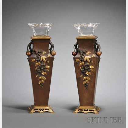 Pair of French Patinated Bronze and Glass-Lined Aesthetic Movement Mantel Vases