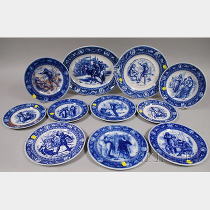 Eleven Pieces of Wedgwood Flow Blue Ivanhoe Pattern Tableware. 