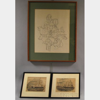 Two Framed Hand-colored Engravings of Clippers and a Study of Cows