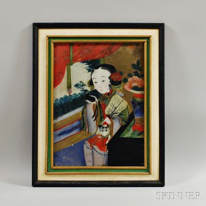 Framed Chinese Reverse-painted Glass Portrait of a Girl and a Dog