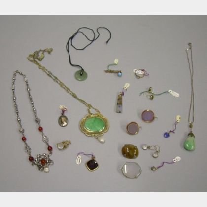 Group of Jade, Moonstone, Carnelian, and Silver Jewelry Items. 