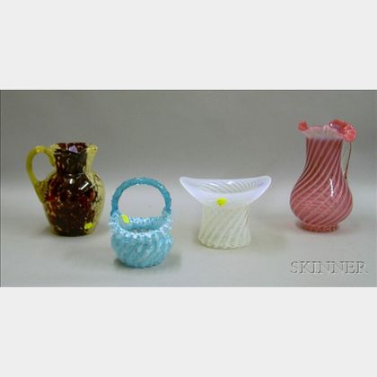 Two Late Victorian Colored Art Glass Pitchers, a Hat-form Vase, and a Ruffled Basket. 