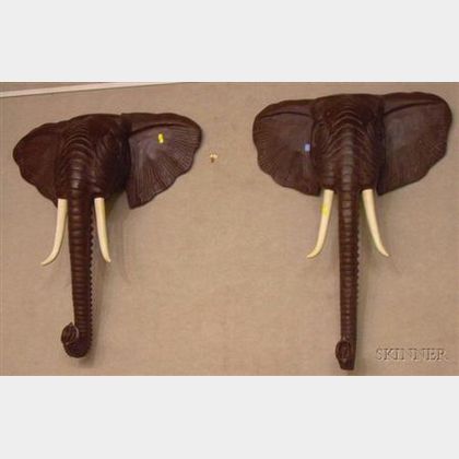 Pair of Carved and Painted Wooden Elephant Head Wall Plaques