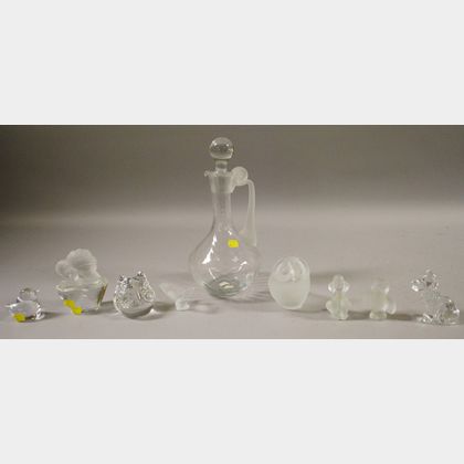 Eight Continental Frosted Art Glass Figures and a Decanter