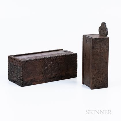 Two Chip-carved Oak Slide-lid Boxes