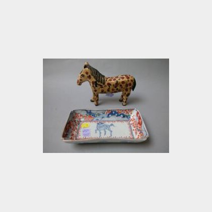 Folk Art Carved Wooden Horse and an Imari Porcelain Tray. 