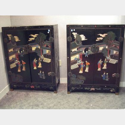 Pair of Chinese Black Lacquer Two-Door Cabinets. 