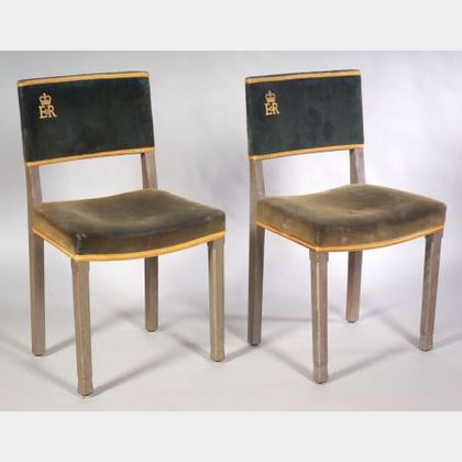 Pair of English Gray Painted and Velvet Upholstered Elizabeth II "Coronation Chairs"